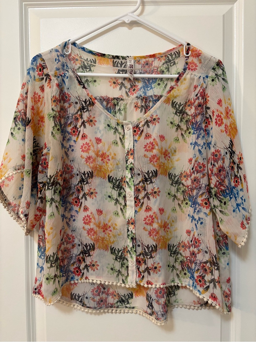 Mudd Vintage Multicolor Y2K Floral Pom Pom Trim Top, Size L
